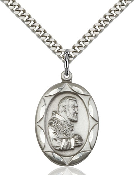 St. Pio of Pietrelcina Medal, Sterling Silver - 24&quot; 2.2mm Sterling Silver Chain + Clasp