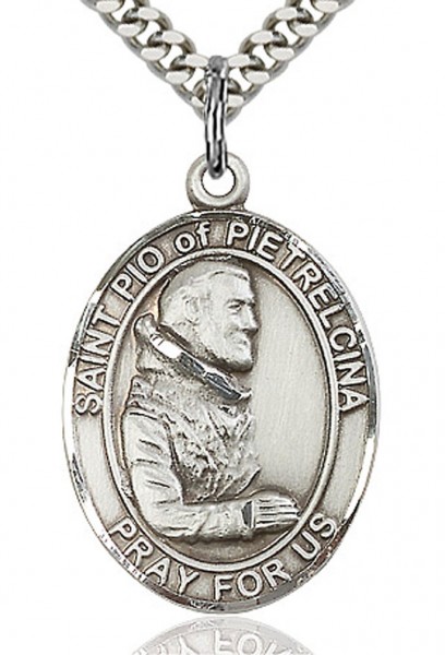 St. Pio of Pietrelcina Medal, Sterling Silver, Large - 24&quot; 2.4mm Rhodium Plate Chain + Clasp