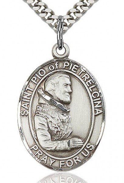 St. Pio of Pietrelcina Medal, Sterling Silver, Large - 24&quot; 2.4mm Rhodium Plate Endless Chain