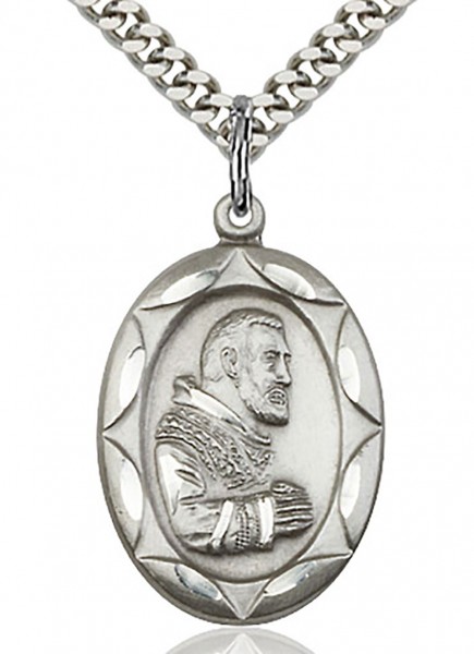 St. Pio of Pietrelcina Medal, Sterling Silver - 24&quot; 2.4mm Rhodium Plate Endless Chain