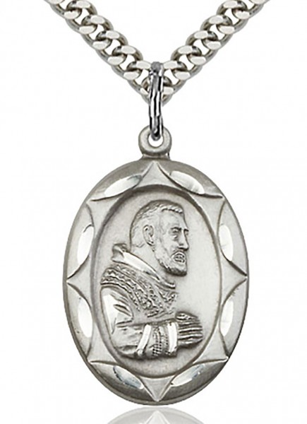 St. Pio of Pietrelcina Medal, Sterling Silver - 24&rdquo; 1.7mm Sterling Silver Chain &amp; Clasp