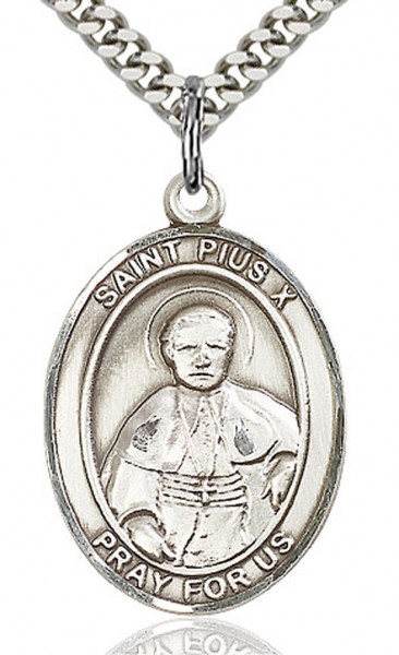 St. Pius X Medal, Sterling Silver, Large - 24&quot; 2.4mm Rhodium Plate Chain + Clasp