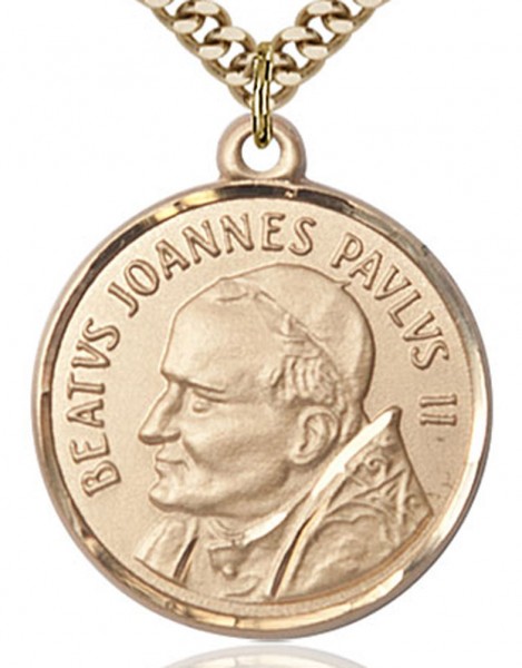 St. Pope John Paul II Medal, Gold Filled - 24&quot; 2.4mm Gold Plated Chain + Clasp