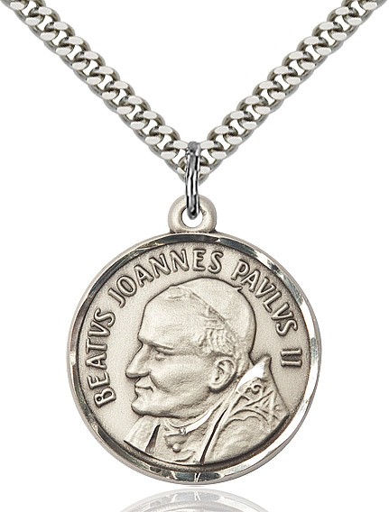 St. Pope John Paul II Medal, Sterling Silver - 24&quot; 2.2mm Sterling Silver Chain + Clasp