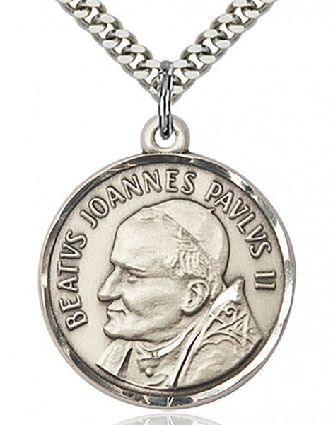 St. Pope John Paul II Medal, Sterling Silver - 24&quot; 2.4mm Rhodium Plate Endless Chain