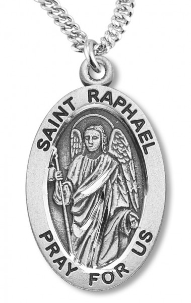 Boy's St. Raphael Necklace Oval Sterling Silver with Chain - 20&quot; 2.2mm Stainless Steel Chain with Clasp