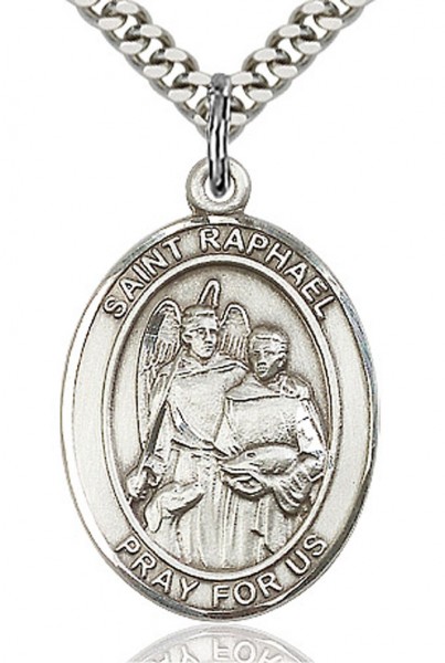St. Raphael the Archangel Medal, Sterling Silver, Large - 24&quot; 2.2mm Sterling Silver Chain + Clasp