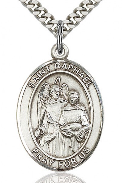 St. Raphael the Archangel Medal, Sterling Silver, Large - 24&quot; 2.4mm Rhodium Plate Endless Chain