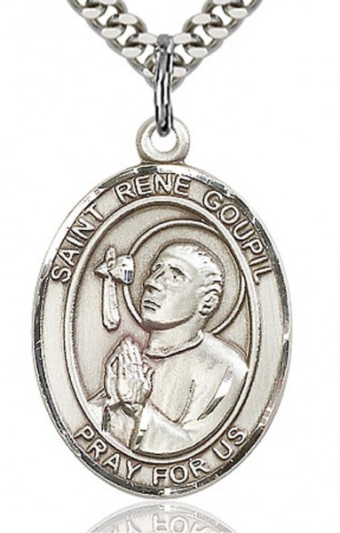 St. Rene Goupil Medal, Sterling Silver, Large - 24&quot; 2.4mm Rhodium Plate Chain + Clasp