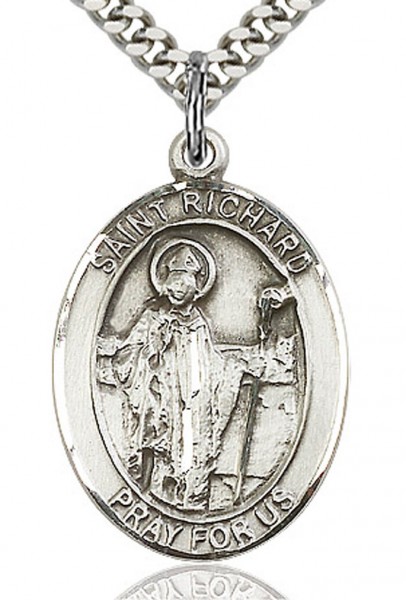 St. Richard Medal, Sterling Silver, Large - 24&quot; 2.4mm Rhodium Plate Chain + Clasp