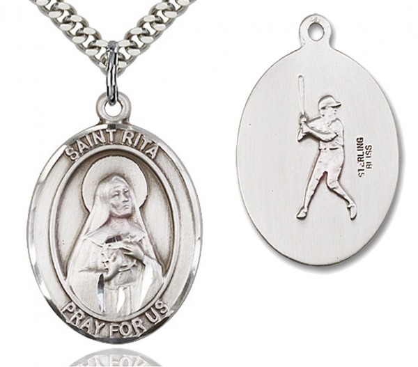 St. Rita Baseball Medal, Sterling Silver, Large - 24&quot; Sterling Silver Chain + Clasp