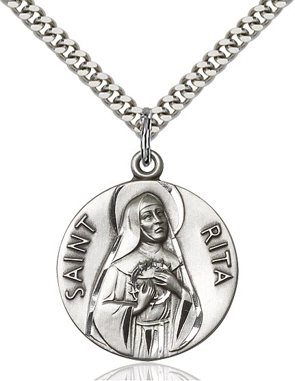 St. Rita of Cascia Medal, Sterling Silver - 24&quot; 2.2mm Sterling Silver Chain + Clasp