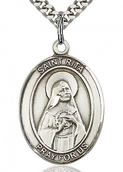 St. Rita of Cascia Medal, Sterling Silver, Large - 24&quot; 2.4mm Rhodium Plate Chain + Clasp