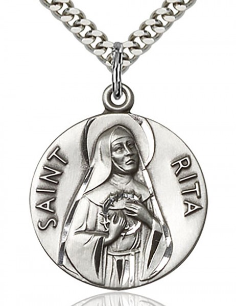 St. Rita of Cascia Medal, Sterling Silver - 24&quot; 2.4mm Rhodium Plate Endless Chain