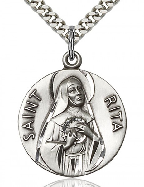 St. Rita of Cascia Medal, Sterling Silver - 24&quot; 2.4mm Rhodium Plate Chain + Clasp