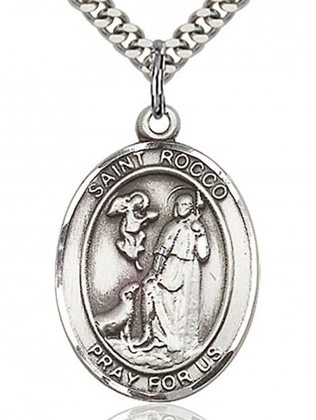 St. Rocco Medal, Sterling Silver, Large - 24&quot; 2.4mm Rhodium Plate Chain + Clasp