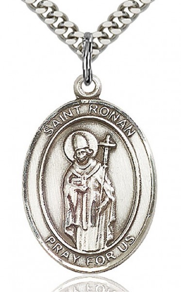 St. Ronan Medal, Sterling Silver, Large - 24&quot; 2.4mm Rhodium Plate Chain + Clasp
