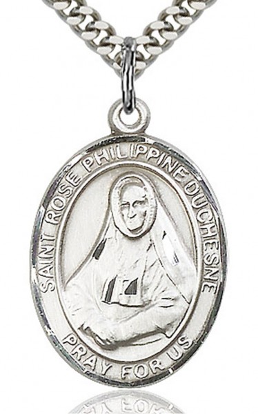 St. Rose Philippine Medal, Sterling Silver, Large - 24&quot; 2.4mm Rhodium Plate Chain + Clasp