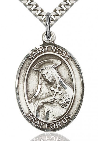St. Rose of Lima Medal, Sterling Silver, Large - 24&quot; 2.4mm Rhodium Plate Chain + Clasp