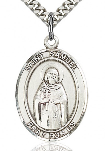 St. Samuel Medal, Sterling Silver, Large - 24&quot; 2.4mm Rhodium Plate Chain + Clasp