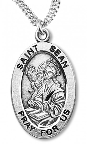 Boy's St. Sean Necklace Oval Sterling Silver with Chain - 20&quot; 2.2mm Stainless Steel Chain with Clasp