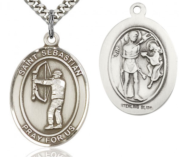 St. Sebastian Archery Medal, Sterling Silver, Large - 24&quot; 2.4mm Rhodium Plate Chain + Clasp