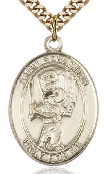 St. Sebastian Baseball Medal, Gold Plated - 24&quot; 2.4mm Gold Plated Endless Chain