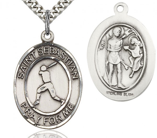 St. Sebastian Baseball Medal, Sterling Silver, Large - 24&quot; 2.4mm Rhodium Plate Chain + Clasp