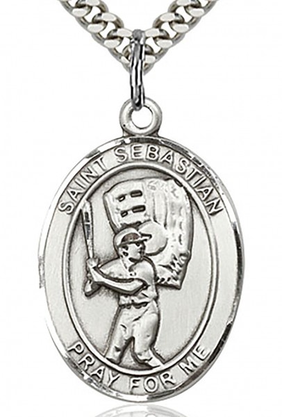 St. Sebastian Baseball Medal, Sterling Silver, Large - 24&quot; 2.4mm Rhodium Plate Chain + Clasp