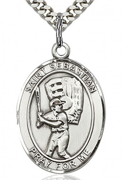 St. Sebastian Baseball Medal, Sterling Silver, Large - 24&quot; Sterling Silver Chain + Clasp