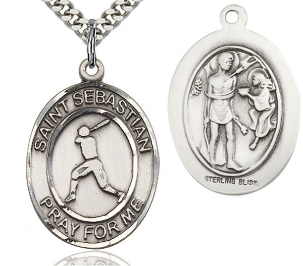 St. Sebastian Baseball Medal, Sterling Silver, Large - 24&quot; Sterling Silver Chain + Clasp
