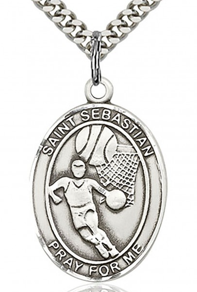 St. Sebastian Basketball Medal, Sterling Silver, Large - 24&quot; 2.4mm Rhodium Plate Endless Chain