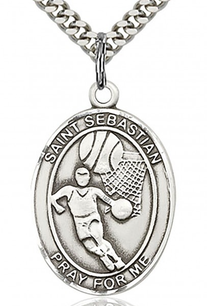 St. Sebastian Basketball Medal, Sterling Silver, Large - 24&quot; 2.4mm Rhodium Plate Chain + Clasp