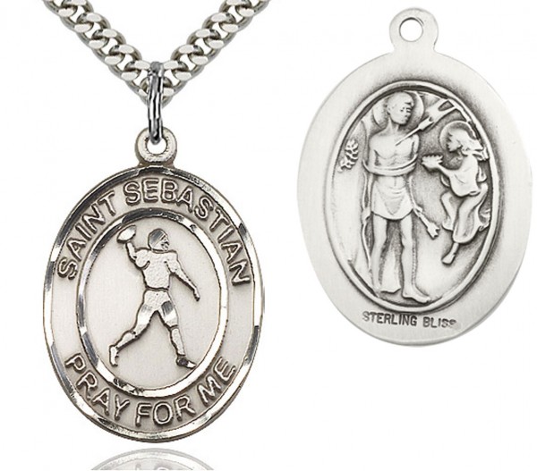 St. Sebastian Football Medal, Sterling Silver, Large - 24&quot; 2.4mm Rhodium Plate Chain + Clasp