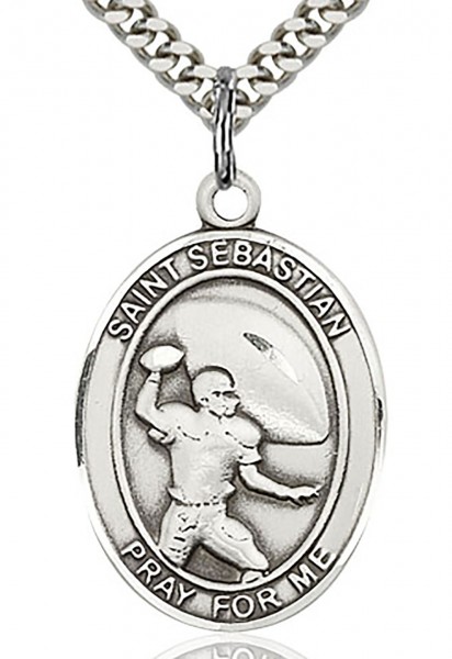 St. Sebastian Football Medal, Sterling Silver, Large - 24&quot; 2.4mm Rhodium Plate Chain + Clasp
