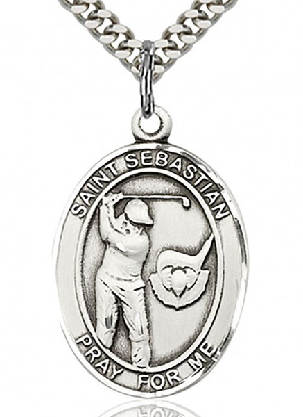 St. Sebastian Golf Medal, Sterling Silver, Large - 24&quot; 2.4mm Rhodium Plate Chain + Clasp