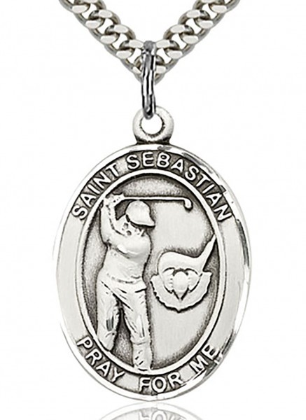 St. Sebastian Golf Medal, Sterling Silver, Large - 24&quot; Sterling Silver Chain + Clasp