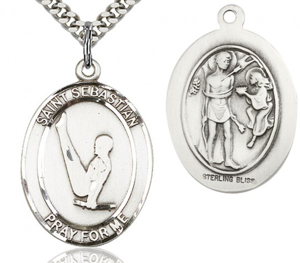 St. Sebastian Gymnastics Medal, Sterling Silver, Large - 24&quot; 2.4mm Rhodium Plate Chain + Clasp