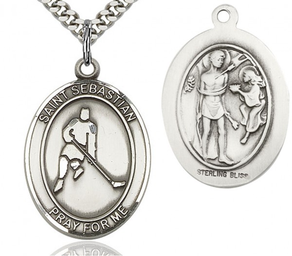 St. Sebastian Ice Hockey Medal, Sterling Silver, Large - 24&quot; 2.4mm Rhodium Plate Chain + Clasp
