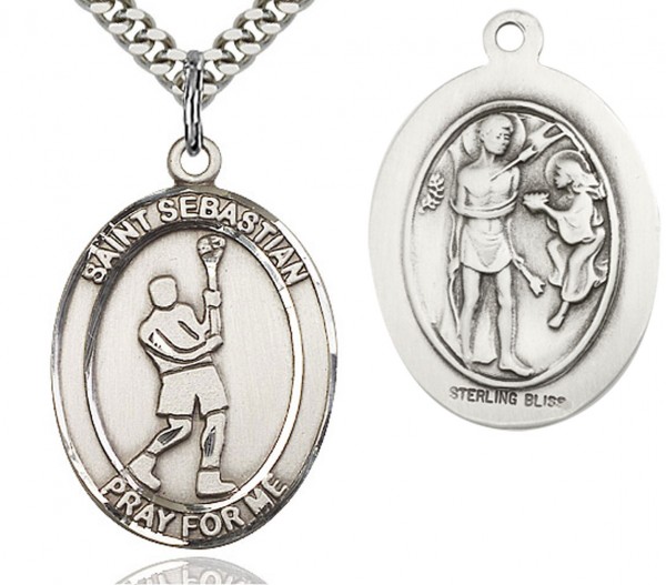 St. Sebastian Lacrosse Medal, Sterling Silver, Large - 24&quot; Sterling Silver Chain + Clasp