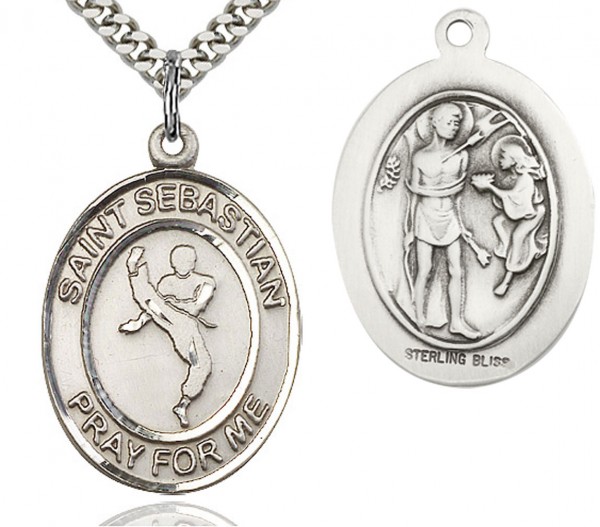St. Sebastian Martial Arts Medal, Sterling Silver, Large - 24&quot; 2.4mm Rhodium Plate Endless Chain