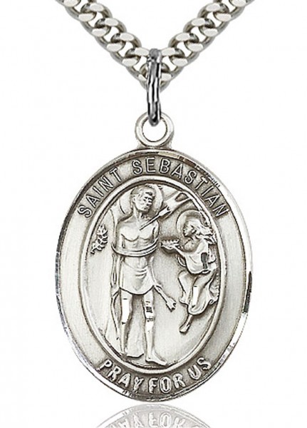 St. Sebastian Medal, Sterling Silver, Large - 24&quot; 2.4mm Rhodium Plate Chain + Clasp