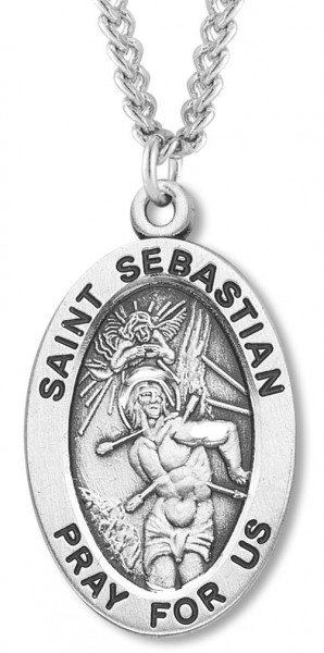 Men's St. Sebastian Necklace Oval Sterling Silver with Chain Options - 24&quot; 3mm Stainless Steel Endless Chain