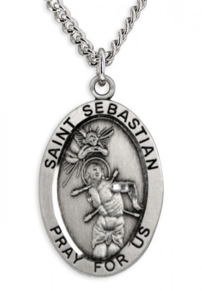 Boy's St. Sebastian Necklace Oval Sterling Silver with Chain - 20&quot; 2.2mm Stainless Steel Chain with Clasp