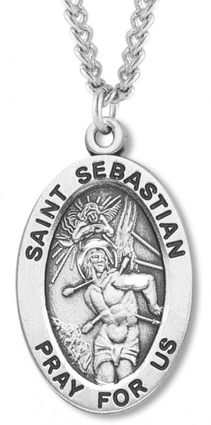 Men's St. Sebastian Necklace Oval Sterling Silver with Chain Options - 24&quot; 3mm Stainless Steel Chain + Clasp