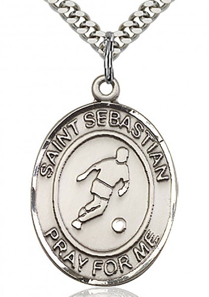 St. Sebastian Soccer Medal, Sterling Silver, Large - 24&quot; 2.4mm Rhodium Plate Chain + Clasp