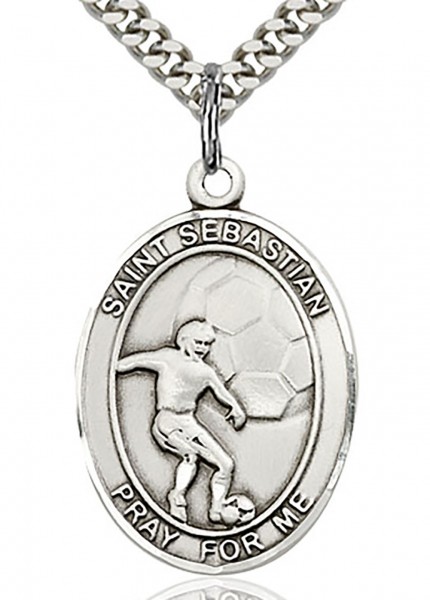 St. Sebastian Soccer Medal, Sterling Silver, Large - 24&quot; 2.4mm Rhodium Plate Chain + Clasp