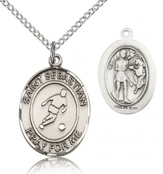 St. Sebastian Soccer Medal, Sterling Silver, Medium - 18&quot; 1.2mm Sterling Silver Chain + Clasp