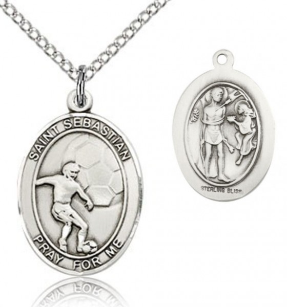 St. Sebastian Soccer Medal, Sterling Silver, Medium - 18&quot; 1.2mm Sterling Silver Chain + Clasp