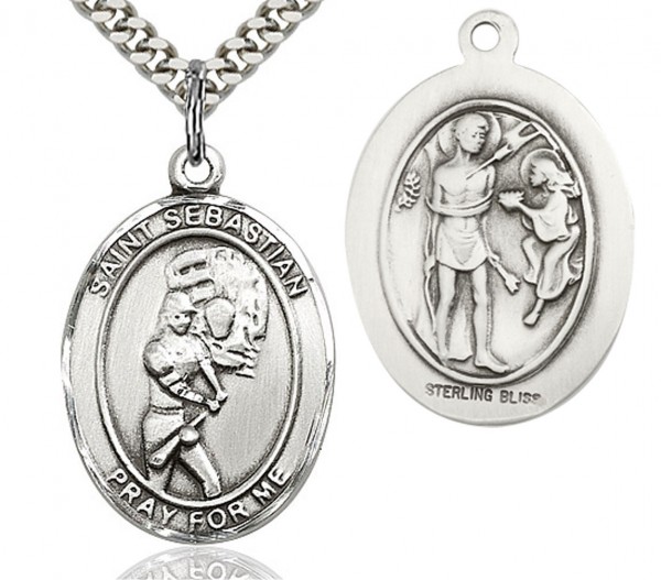 St. Sebastian Softball Medal, Sterling Silver, Large - 24&quot; 2.4mm Rhodium Plate Chain + Clasp